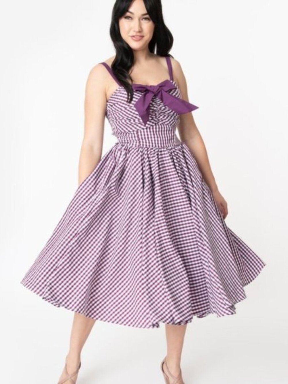 Unique Vintage - Purple Gingham Midi Swing Dress - Adjustable Straps - Large